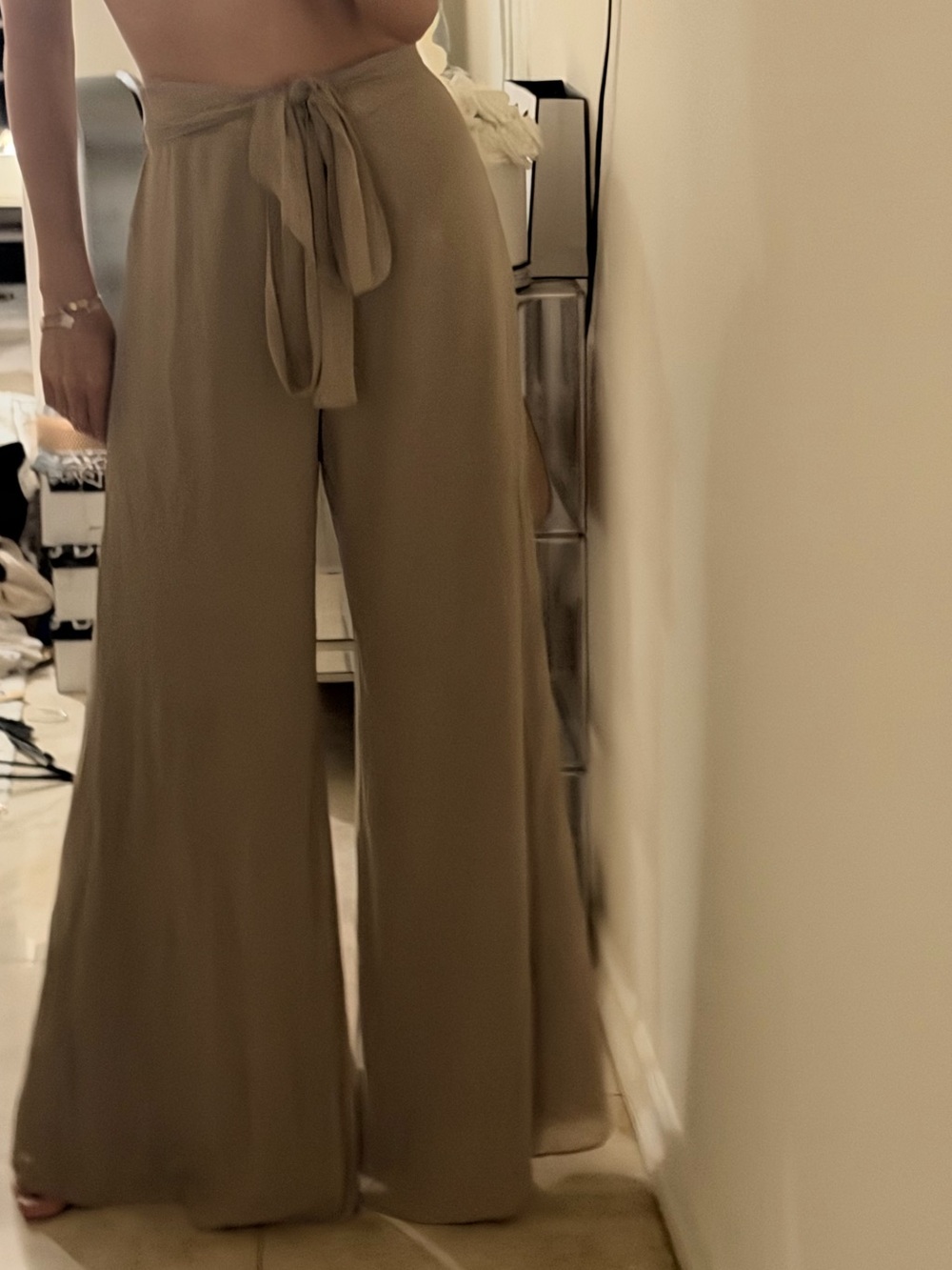 Forever 21 High-Waist Wide-Leg Tie-Waist Pants — Taupe